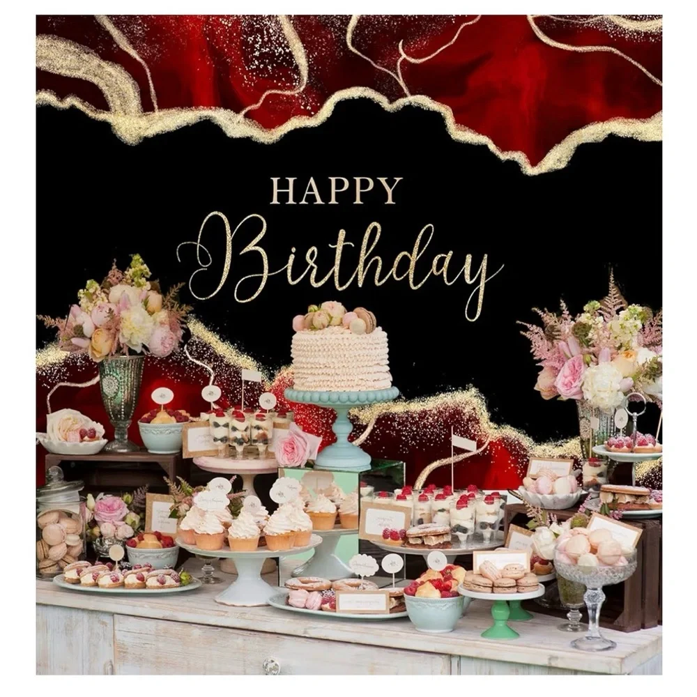 Elegant Red & Black 'Happy Birthday' Backdrop with Gold Accents